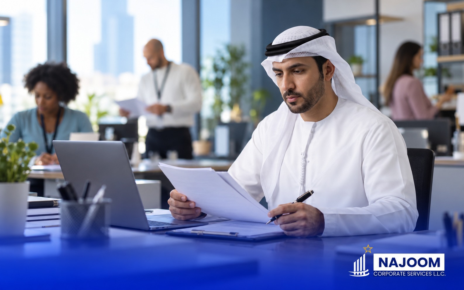 Dubai Mainland company formation cost consultation with UAE business professional reviewing company documents at Najoom Corporate Services.