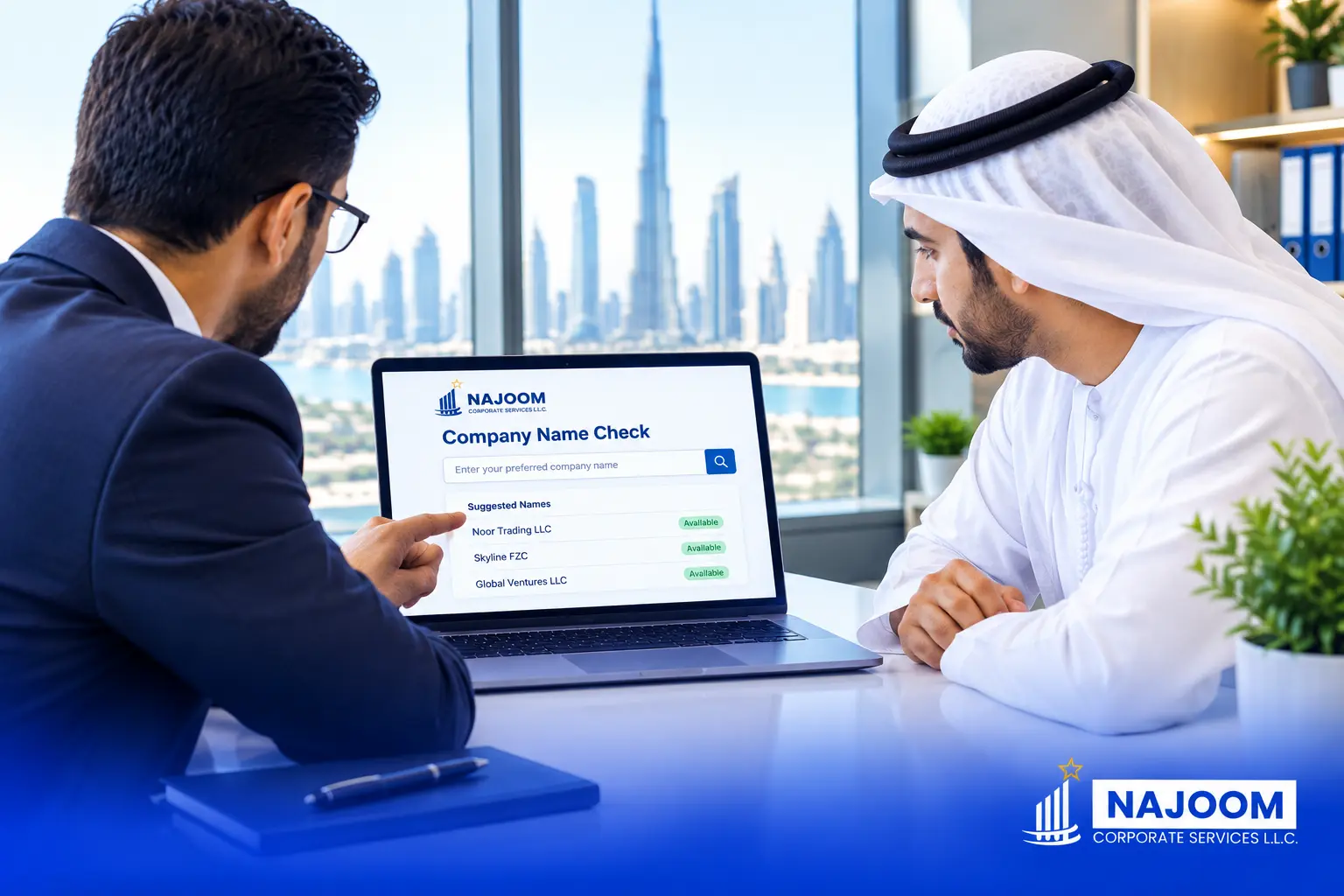 Entrepreneur checking company name availability in Dubai on a laptop while a Najoom Corporate Services consultant reviews trade name options.
