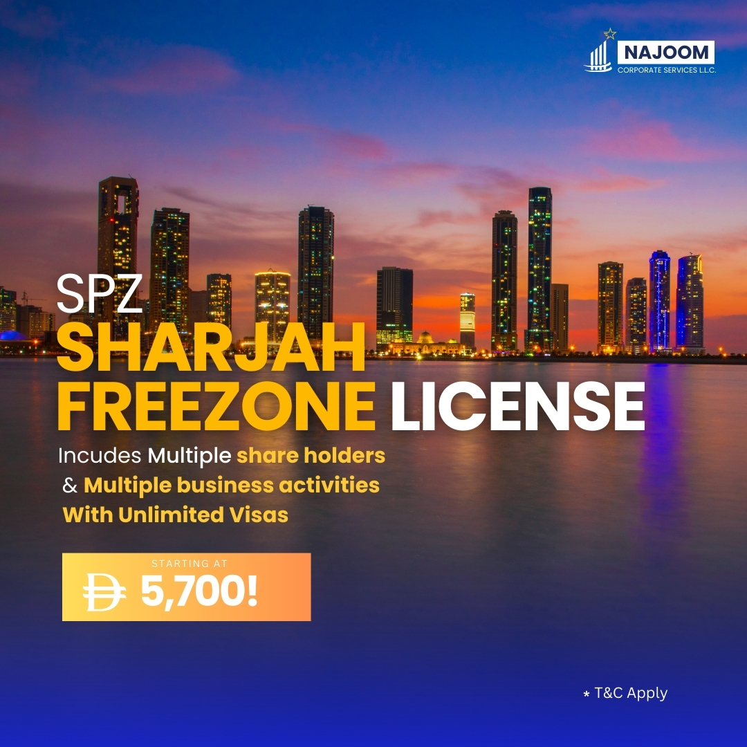 Sharjah Freezone (SPC) Business License with 5 Business Activities and Unlimited Visas at Najoom Corporate Services